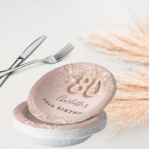 80th birthday rose gold blush glitter name paper plate