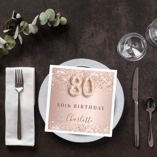80th birthday rose gold blush name napkin (Creator Uploaded)