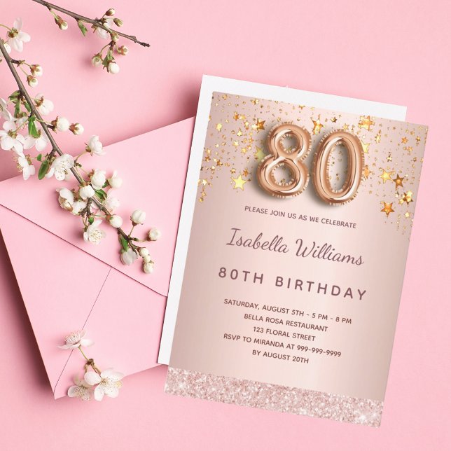 80th birthday rose gold blush stars invitation (Creator Uploaded)