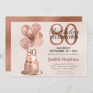 80th Birthday Rose Gold Cake Invitation