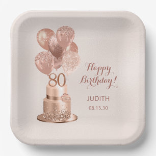 80th Birthday Rose Gold Cake Paper Plate
