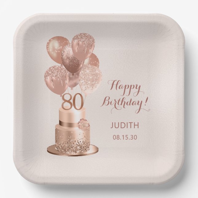 80th Birthday Rose Gold Cake Paper Plate (Front)