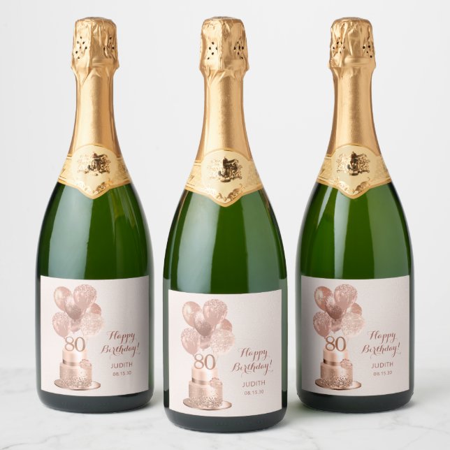 80th Birthday Rose Gold Cake  Sparkling Wine Label (Bottles)