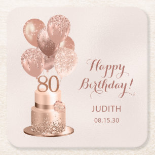 80th Birthday Rose Gold Cake  Square Paper Coaster