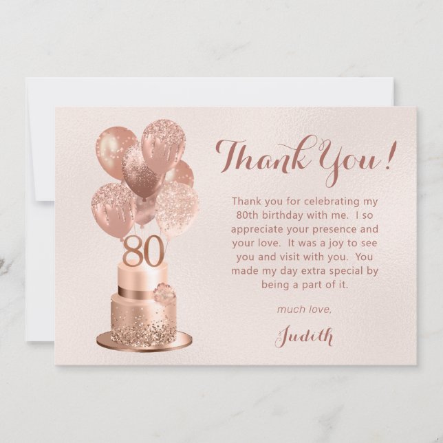 80th Birthday Rose Gold Cake  Thank You Card (Front)