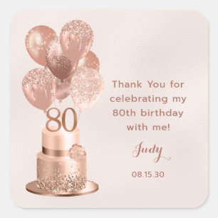 80th Birthday Rose Gold Cake Thank You Square Sticker