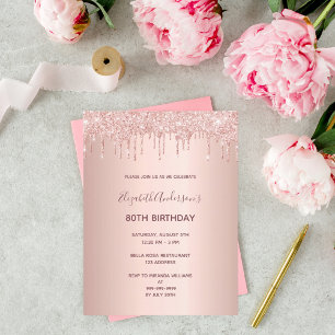 80th birthday rose gold glitter drip invitation postcard