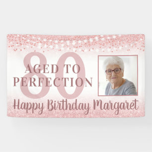 80th Birthday Rose Gold Glitter Lights Photo Banner