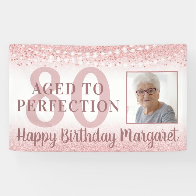 80th Birthday Rose Gold Glitter Lights Photo Banner (Horizontal)