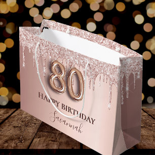 80th birthday rose gold glitter pink balloon style large gift bag