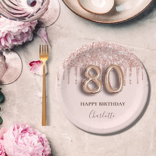 80th birthday rose gold glitter pink balloon style paper plate