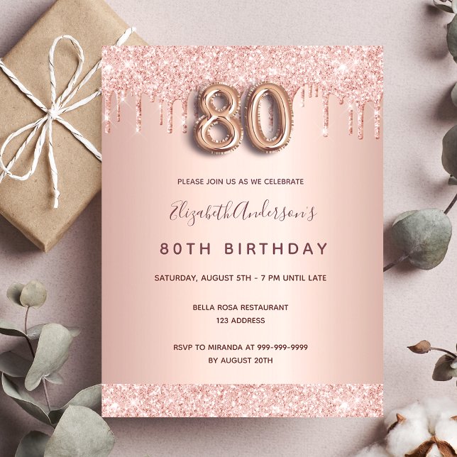 80th birthday rose gold glitter pink invitation postcard (Creator Uploaded)
