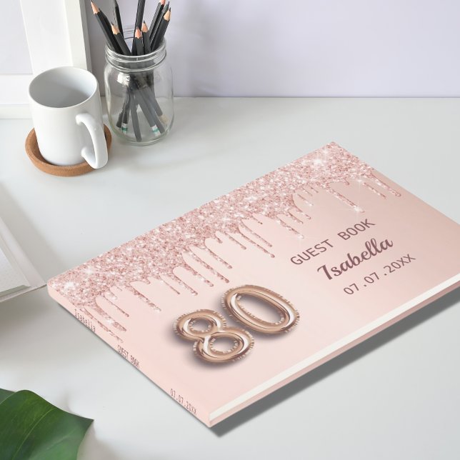 80th birthday rose gold glitter pink monogram chic guest book (Creator Uploaded)