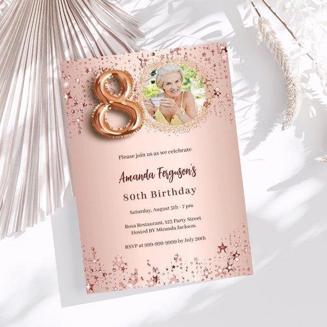 80th Birthday rose gold photo stars luxury Invitation (Creator Uploaded)