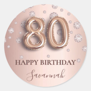 80th birthday rose gold pink diamonds balloon font classic round sticker