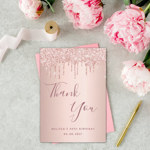 80th birthday rose gold pink drips thank you card