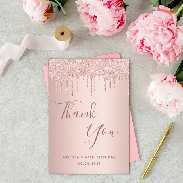 80th birthday rose gold pink drips thank you card (Creator Uploaded)