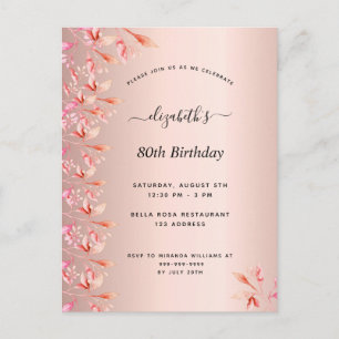 80th birthday rose gold pink floral invitation postcard