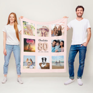 80th birthday rose gold pink photo collage name fleece blanket