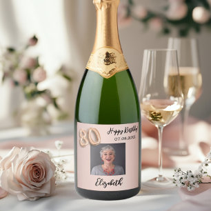 80th Birthday rose gold pink photo Sparkling Wine Label