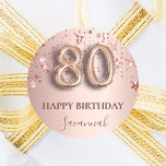 80th birthday rose gold pink stars balloon font classic round sticker<br><div class="desc">Elegant, classic, glamourous and girly for a 80th birthday party. Rose gold and blush pink, gradient background. Decorated with rose gold, pink sparkling stars. Personalise and add a name. With the text: Happy Birthday plus the birthday girls name. The name is written with a modern dark rose coloured hand lettered...</div>