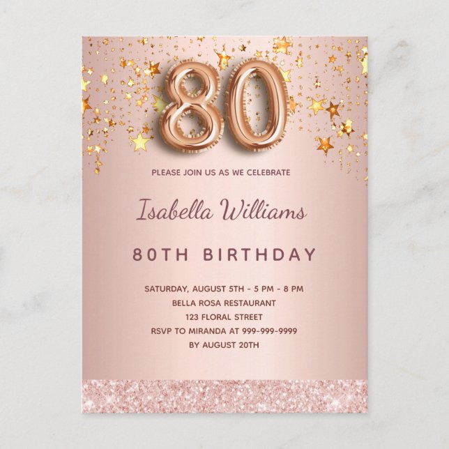 80th birthday rose gold pink stars balloon script postcard (Front)