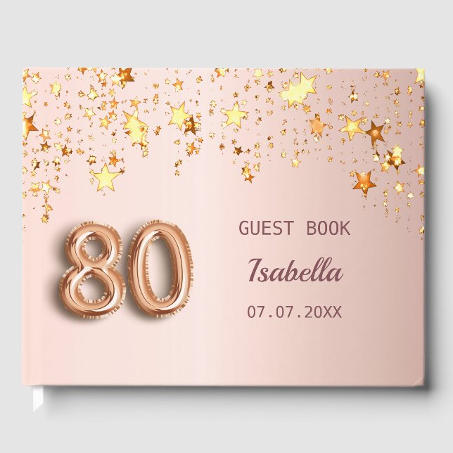 80th birthday rose gold pink stars name guest book (Front)