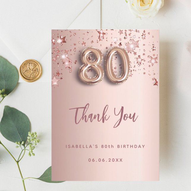 80th birthday rose gold pink stars thank you card (Creator Uploaded)