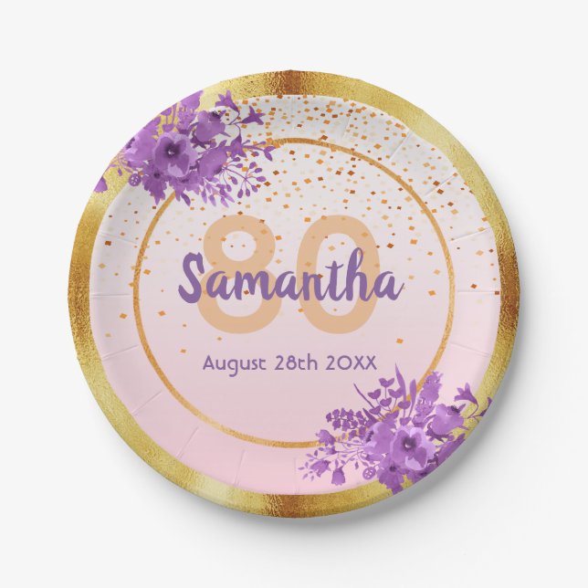 80th birthday rose gold purple florals name paper plate (Front)