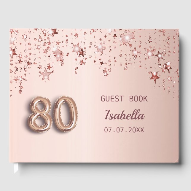 80th birthday rose gold stars pink chic guest book (Front)
