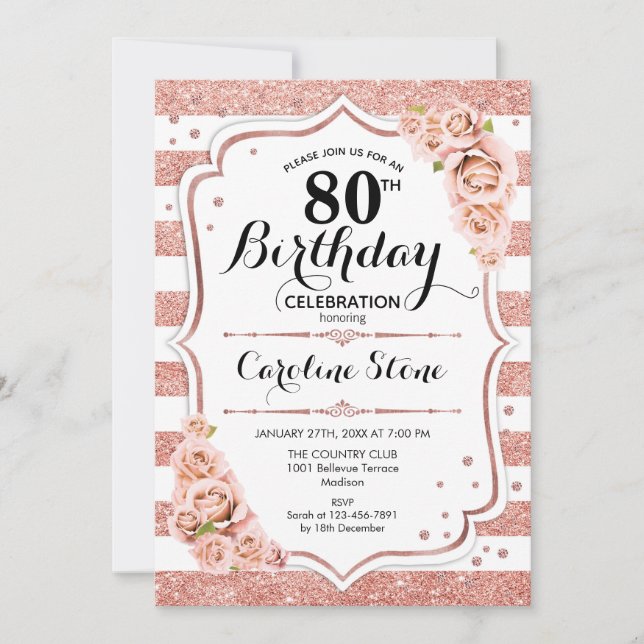 80th Birthday -  Rose Gold White Stripes Invitation (Front)
