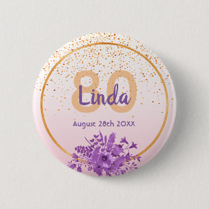 80th birthday rose gold with confetti and flowers 6 cm round badge