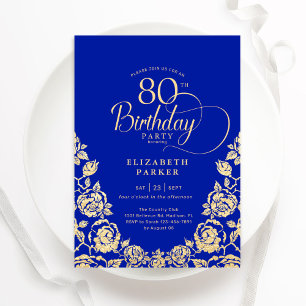 80th Birthday Royal Blue Gold Roses Invitation