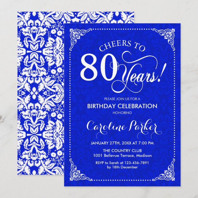 80th Birthday - Royal Blue White Damask Invitation (Front/Back)