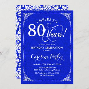 80th Birthday - Royal Blue White Damask Invitation