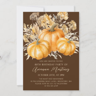 80th Birthday Rustic Boho Pumpkin Fall Foliage Invitation