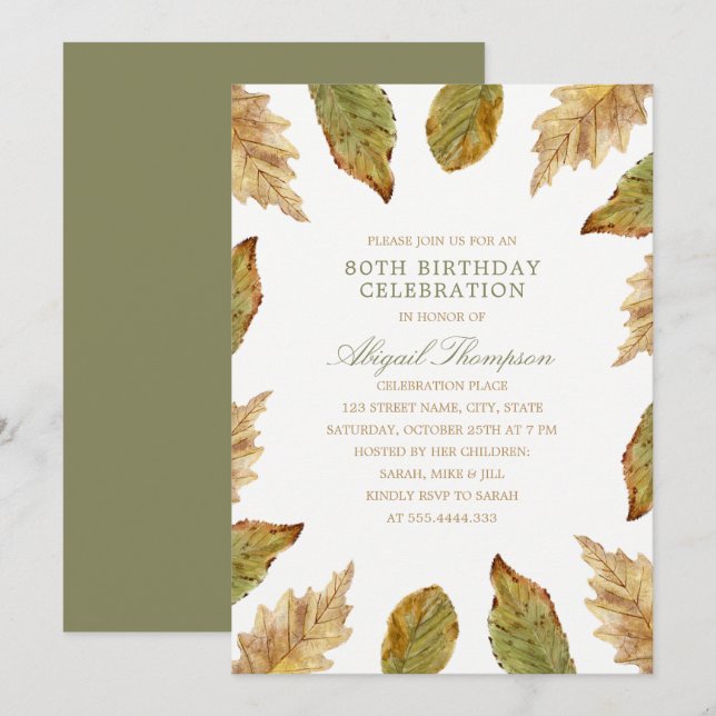 80th Birthday Rustic Fall Leaves Country Party Invitation (Front/Back)