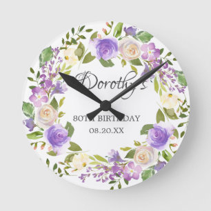 80th Birthday Rustic Purple Floral Round Clock