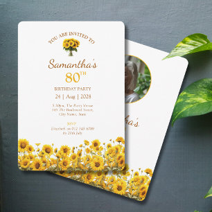 80th Birthday Rustic Sunflower Floral Photo Invitation