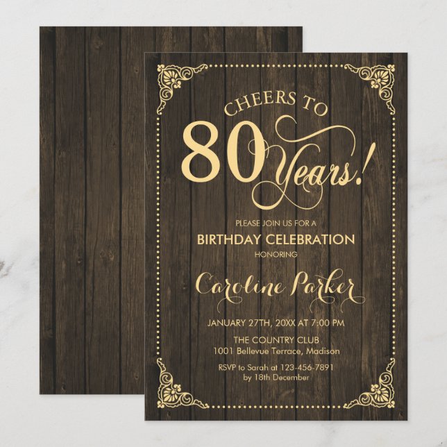 80th Birthday - Rustic Wood Gold Invitation (Front/Back)
