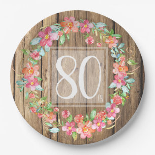 80th birthday rustic wood watercolor flowers paper plate