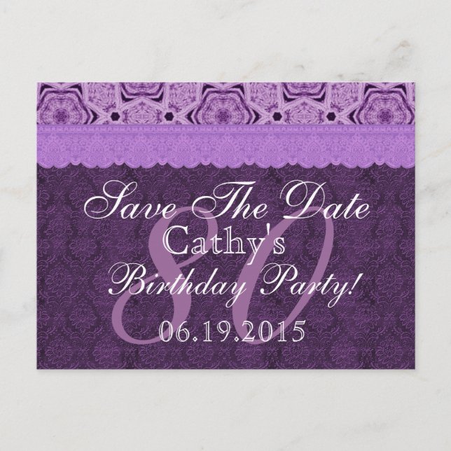 80th Birthday Save the Date Purple Antique Lace Announcement Postcard (Front)