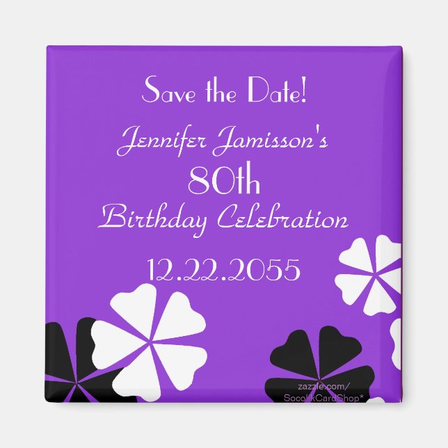 80th Birthday Save the Date Purple Floral Magnet (Front)