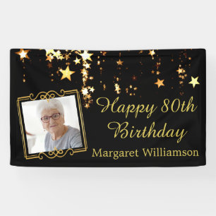80th Birthday Script Black Gold Stars Photo Name Banner