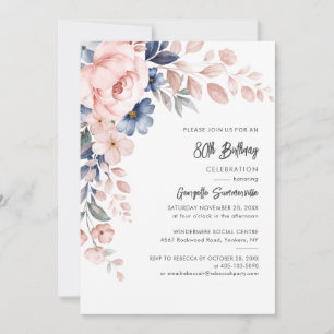 80th Birthday Script Pink Floral Party Invitation