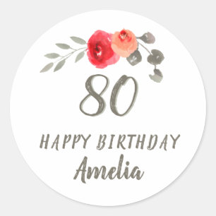 80th Birthday  Script Watercolor Floral Woman Classic Round Sticker