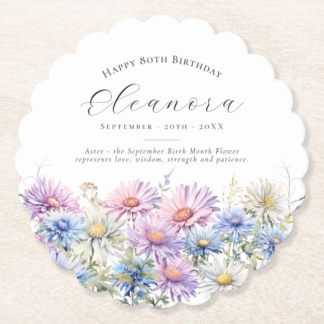 80th Birthday September Birth Flower Custom Paper Coaster (Front)