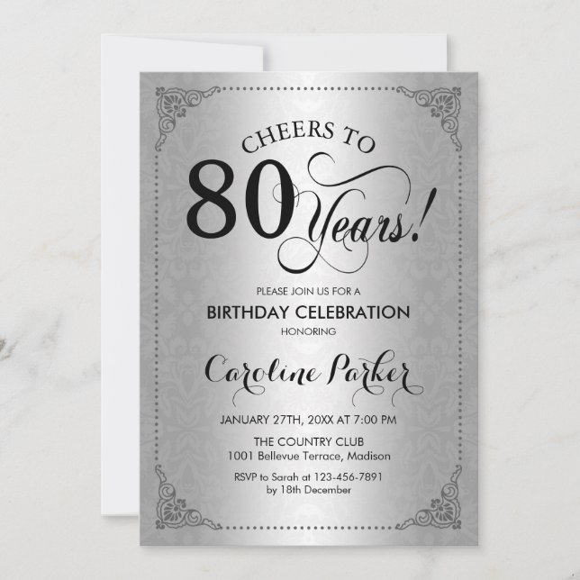 80th Birthday - Silver Damask Invitation (Front)