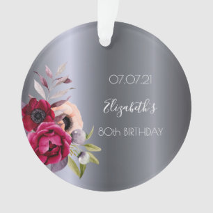 80th birthday silver floral burgundy name ornament