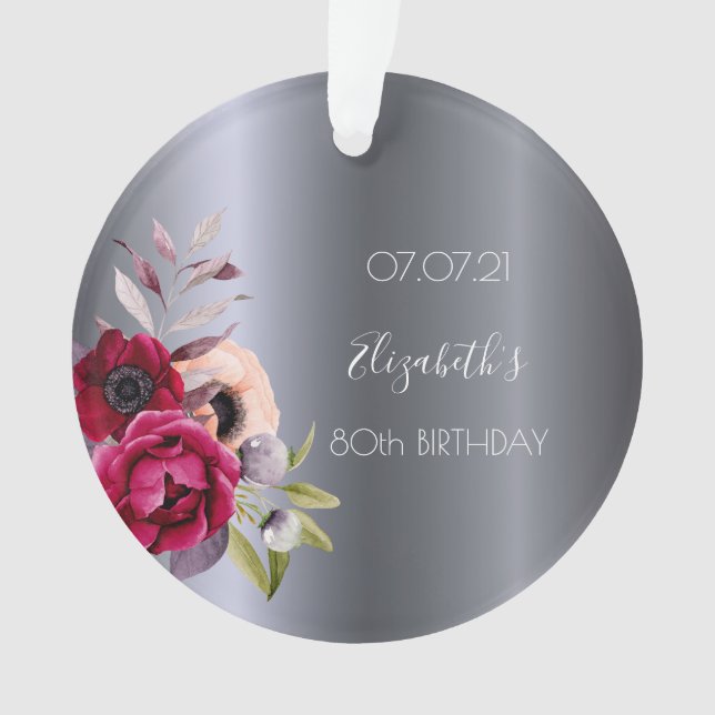 80th birthday silver floral burgundy name ornament (Front)